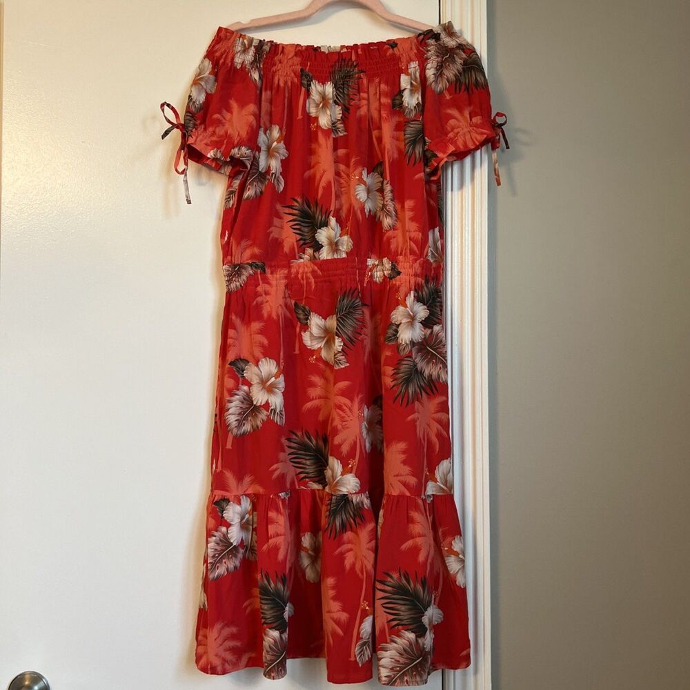 Jadicted Sz M Dress Midi Red Floral Tropical Island 100% Silk EXCELLENT
